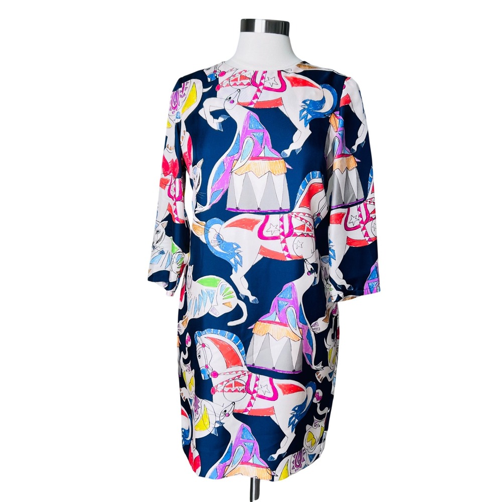 Vilagallo 100% Silk Shift Dress Navy Blue Art to Wear Made in‎ Portugal Size 40